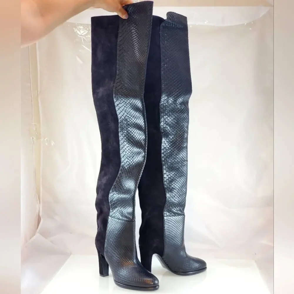 NWT$2995 Givenchy Black Mayfair Suede Snakeskin Leather High Knee Boots Sz 36, 6